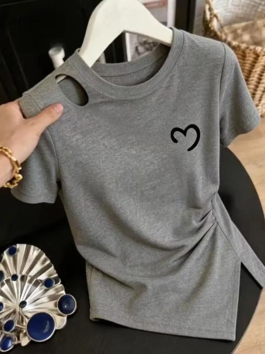 Irregular Shoulder Hollow Heart Short Sleeve T-Shirt Women's Summer Korean Design Slimming Cotton Top Hollow out T-Shirt