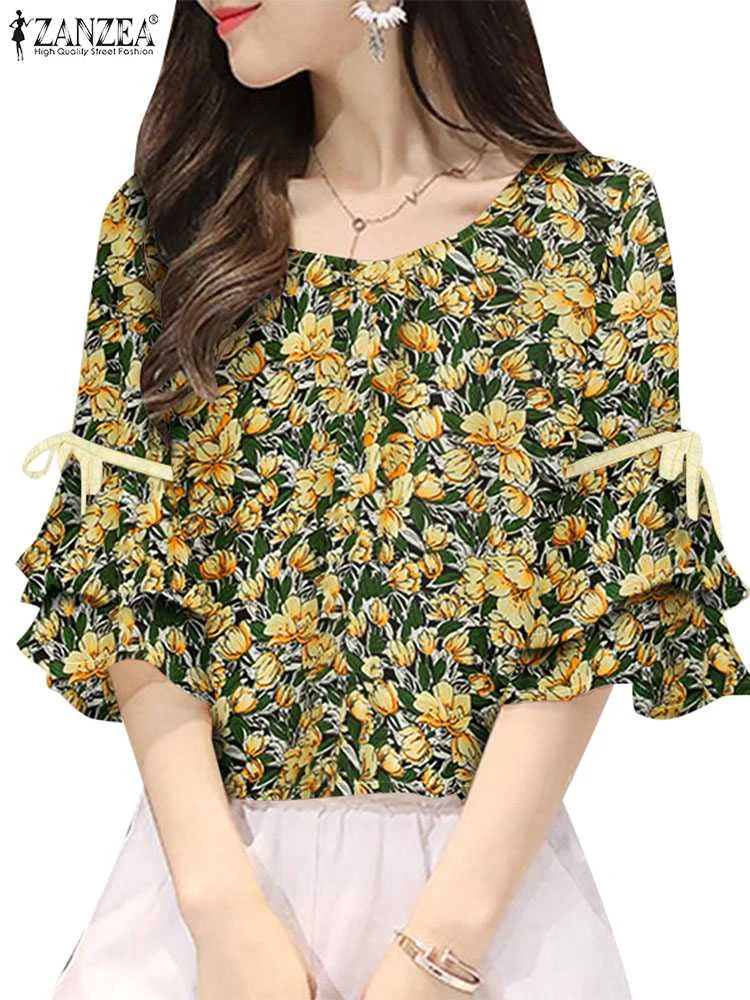 2024 ZANZEA Summer Blouse Women Short Sleeve Floral Printed Casual Shirt Elegant Work Blusas Bohemian Stylish Holiday Tops Tunic