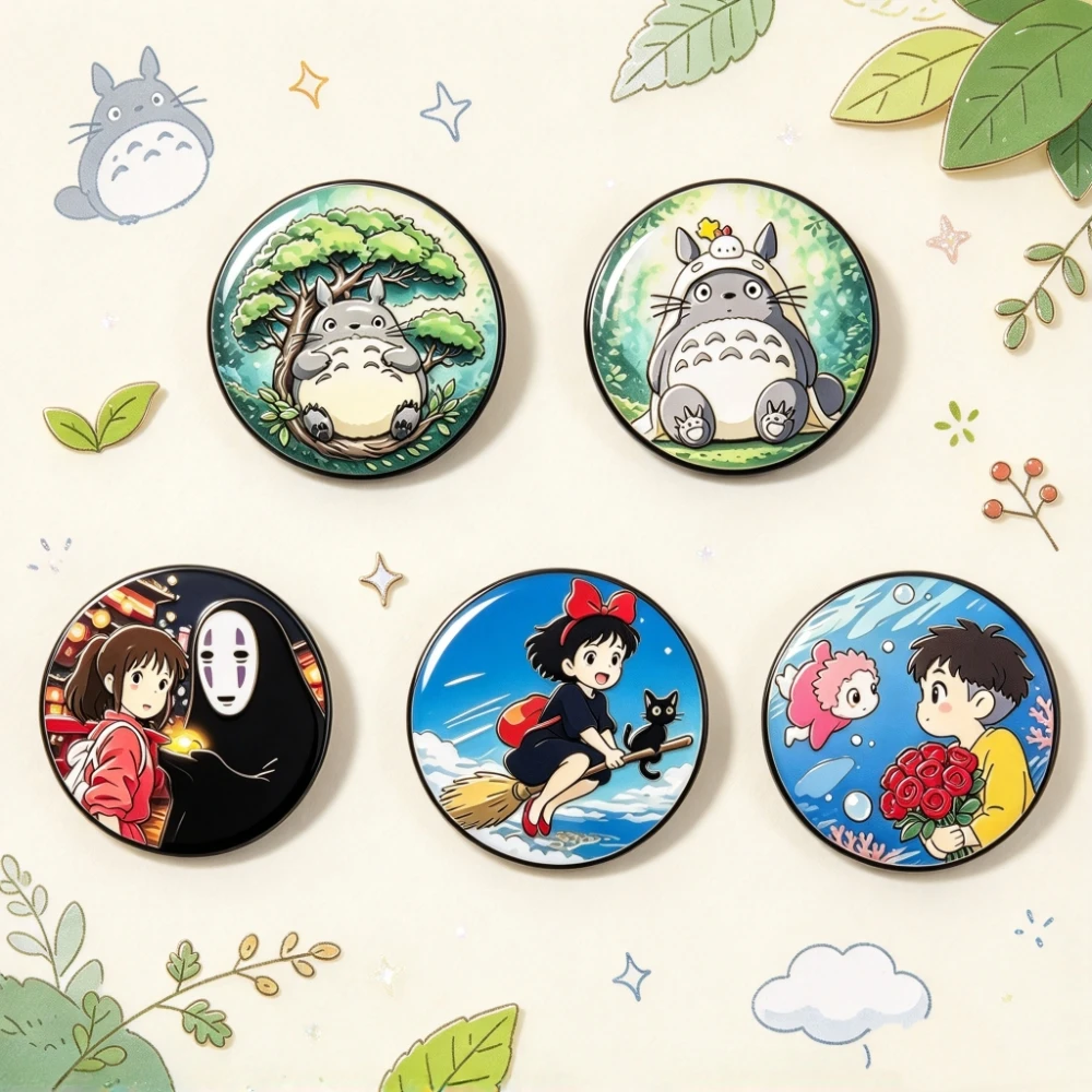 5Pcs Fantasy Forest Character Round Metal Brooch Set, Color Hand Drawn Art Pins, Collectible Decor Accessories