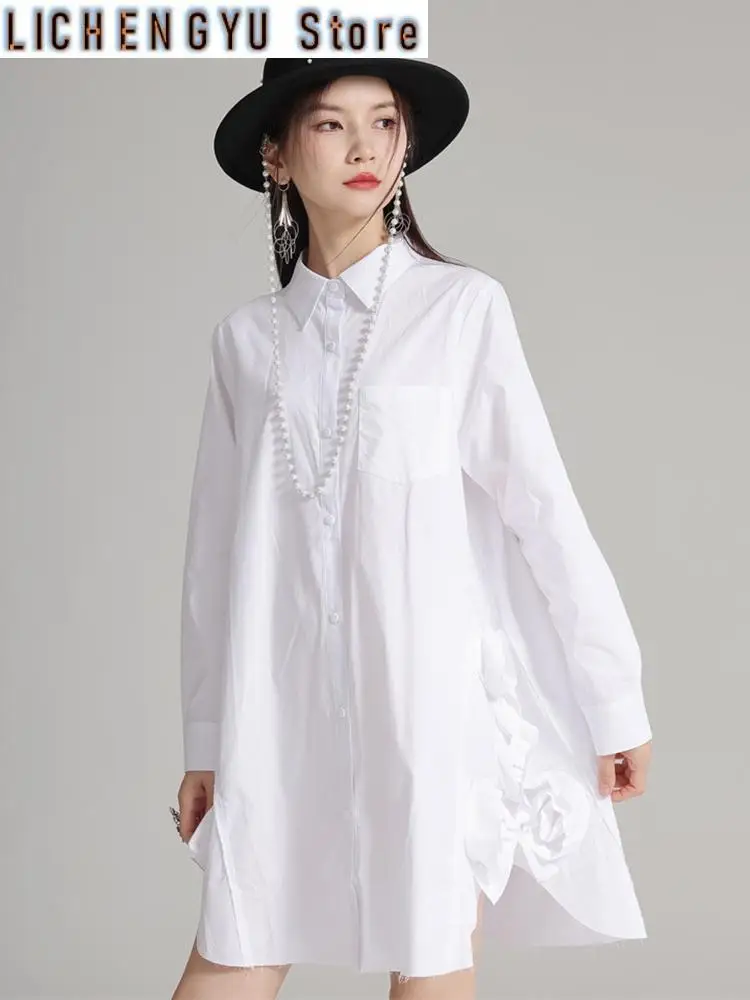 Women White Black Side Flower Big Size Long Blouse New Lapel Long Sleeve Shirt Fashion Tide Spring Autumn