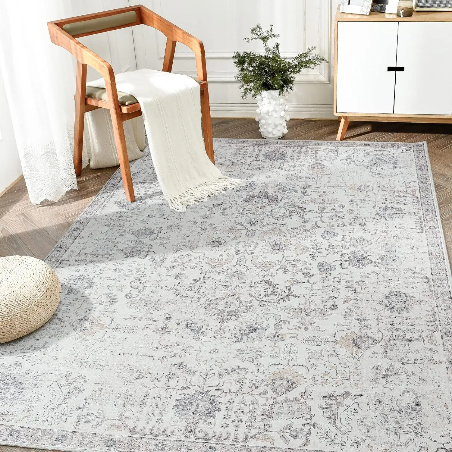 

Area Rug 6x9 Washable Living Room Rug Vintage Indoor Large Floor Cover Retro Accent Mat Distressed Gray Floral Country Boho Non
