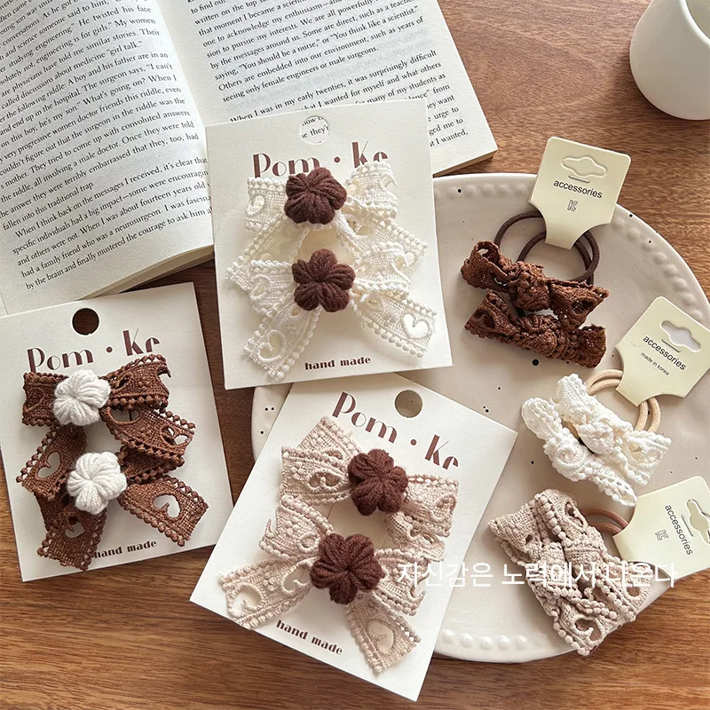 

2 шт./компл., новая кружевная заколка для волос с бантом, цветочное сердце, очаровательные эластичные резинки для волос для девочек, полые заколки, аксессуары для волос