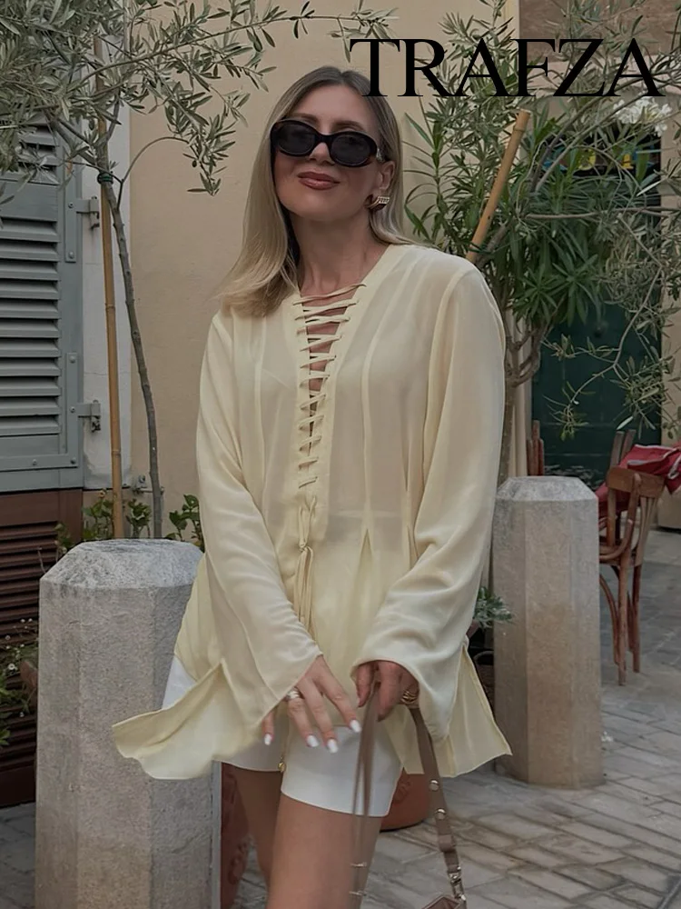 

TRAFZA Women's Summer New Versatile V-neck Lace-up Decorative Chiffon Loose Shirt Female Thin Pullover Casual Long Sleeve Shirt