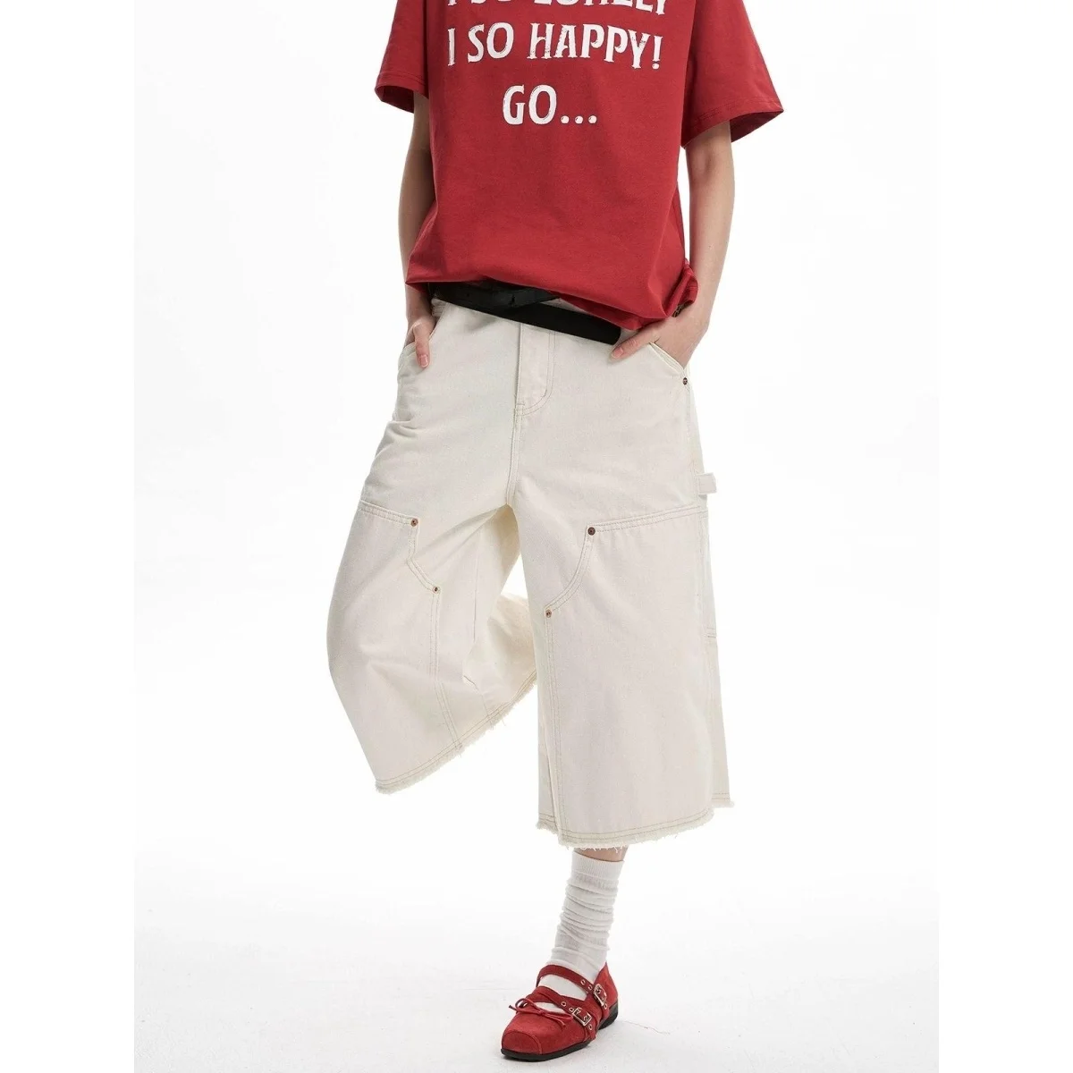 

Новые мужские белые повседневные джинсы 2025 года, свободный крой, длина до колена, модная рабочая одежда, прямые штанины, средняя талия, застежка на пуговицы