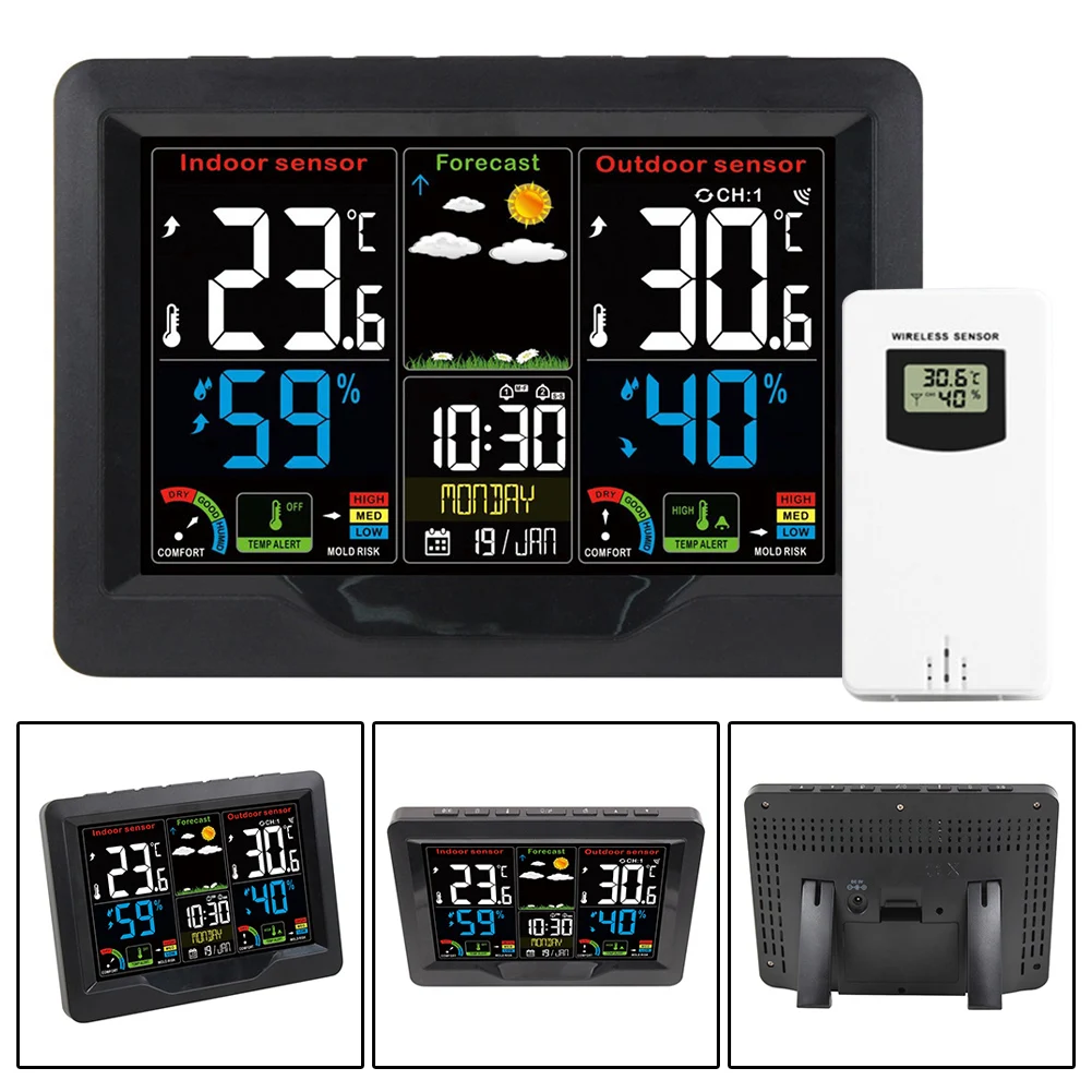 Multi Functional Weather Clock with Wireless Sensor Displays Time in 7 Languages and Comfortable Environment Levels