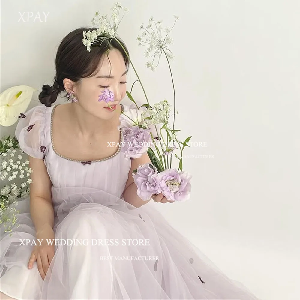 

XPAY Dream Purple Square Collar Bow Pleat Korea Prom Dress Customised A-line Tulle Evening Gown Wedding Photo shoot Floor Length