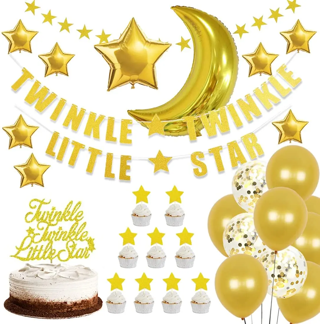 

JOYMEMO Gold Twinkle Twinkle Little Star Baby Shower Decorations Moon Star Balloons Glitter Little Star Banner Birthday Supplies