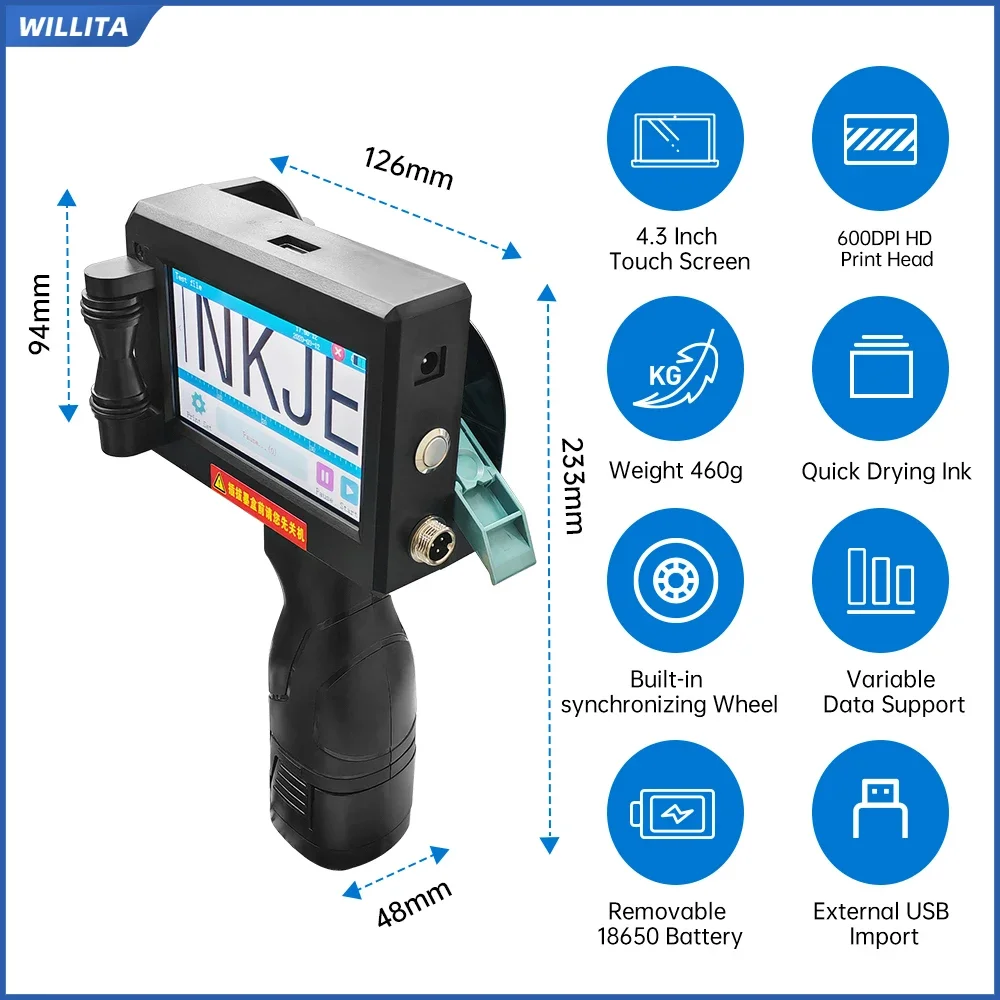 WILLITA WK800 Draagbare Handheld Inkjetprinter Datum Batchnummer Logo Afbeelding Tekst Barcode QR-code 12,7 mm Inkjet Codeermachine