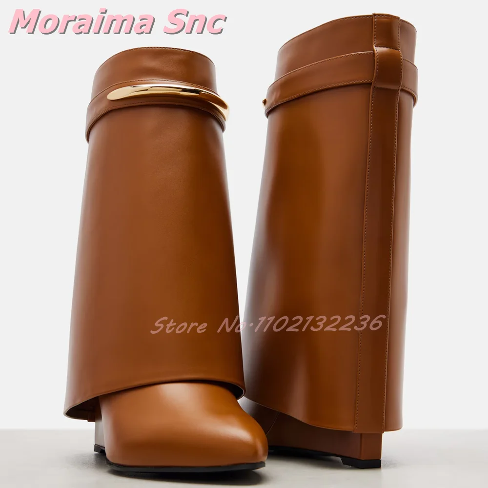Metal Dceor Pointed Toe Mid-calf Boots Wedge Turn-over Edge Slip On Fashion New Sexy Women Short Modern Boots Autumn Winter 2026