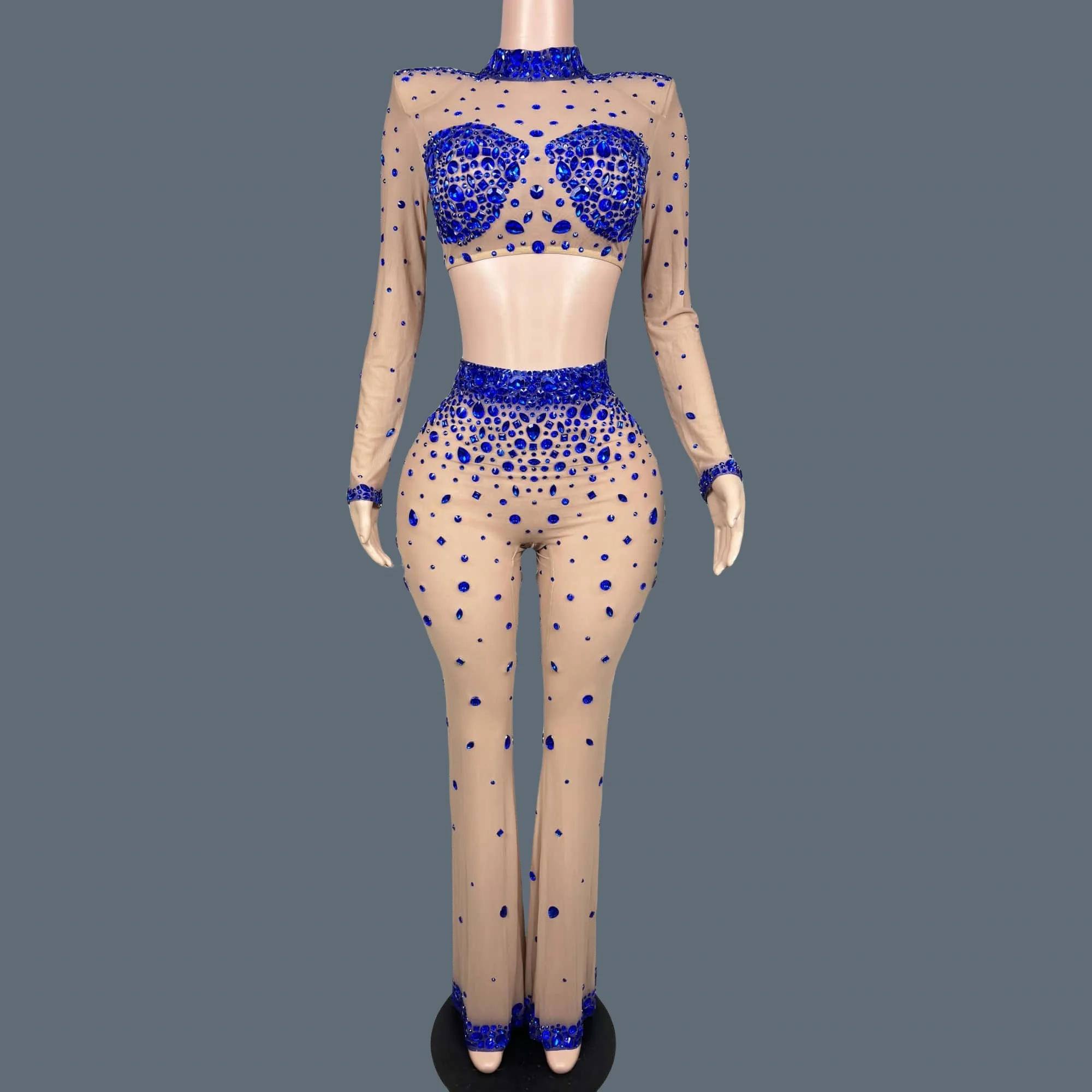 Sparkly Blue Rhinestone Crop Tops Bell-bottoms 2Pieces Set Night Club Party Outfit See Through Mesh Bodycon Sexy Wear Landiao
