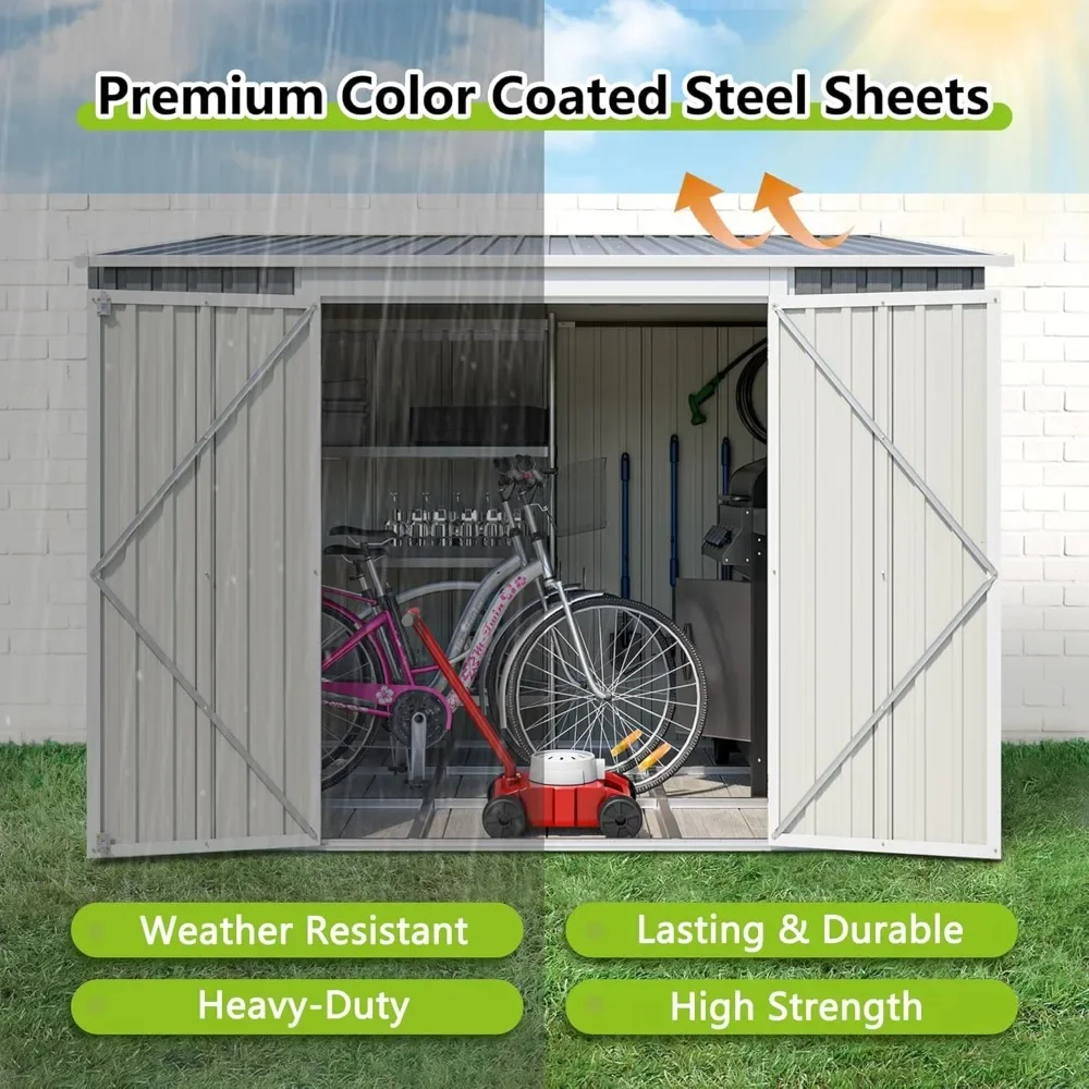 

6x8FT Lean to Shed Metal Outdoor Storage Sheds with Floor Frame, Large Tool & Lawn Mower Shed with Two Lockable Doors