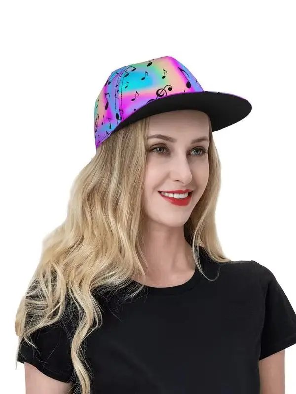 Bunte Regenbogen-Farbverlauf-Musiknoten-Snapback-Kappe, Hip-Hop-Baseballkappe mit flachem Schirm für Männer und Frauen, Musikfestival, Streetwear, verstellbar – Detail 8