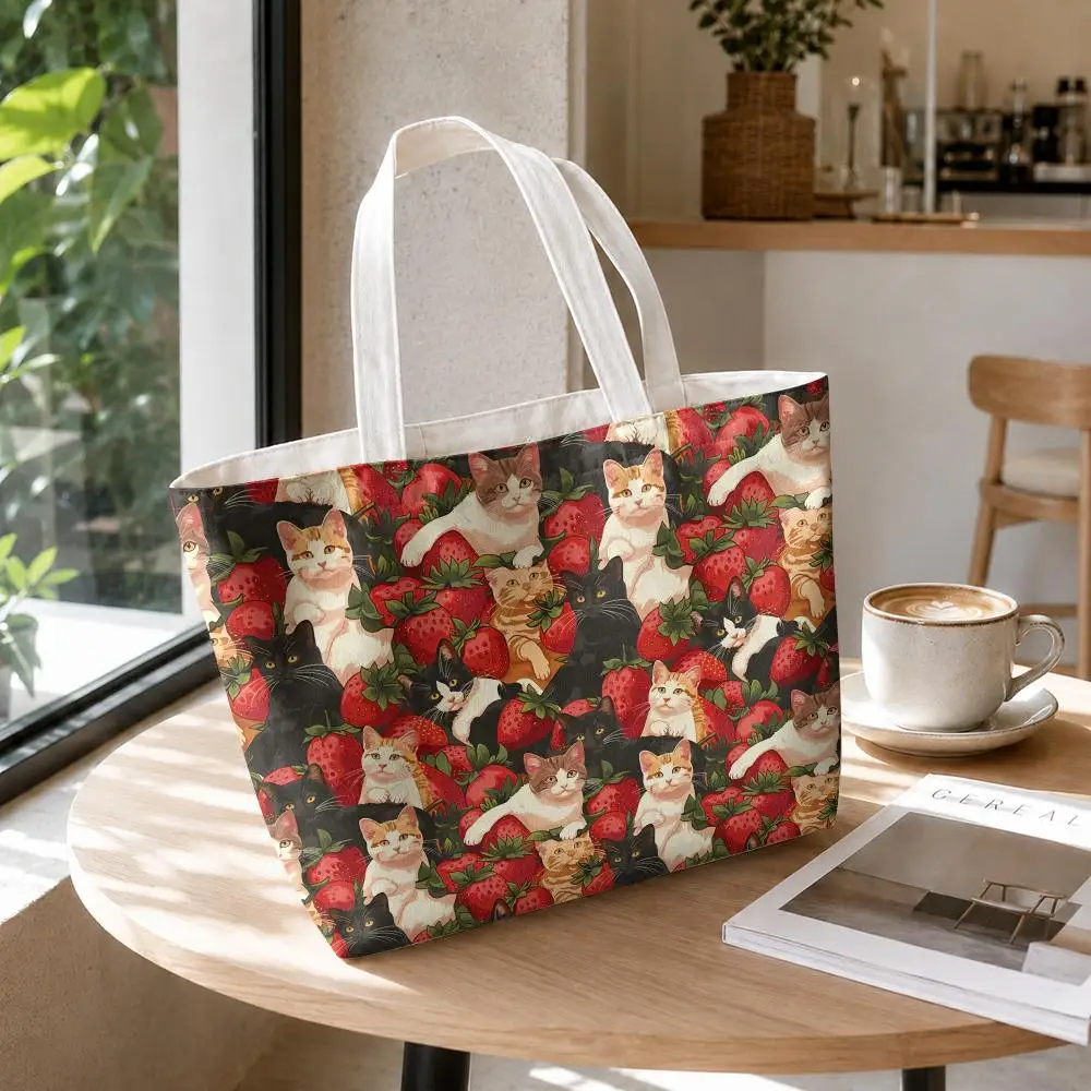 Cat Cake Pattern Storage Bags 2-Piece Set Double-Sided Printed Canvas Tote Bags with Zipper Shopping Shoulder Handbags