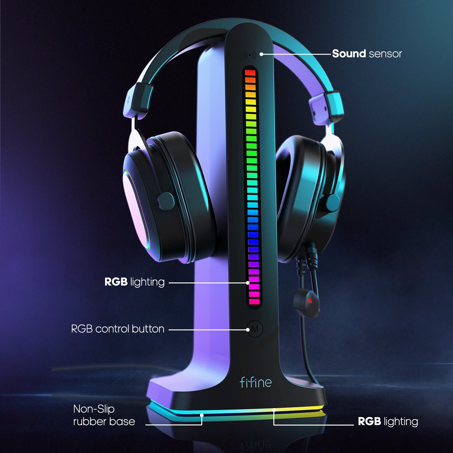 FIFINE RGB Kopfhörer Stehen, mit Power Streifen 2 in1,USB Headset Halter für Gaming Kopfhörer/Bluetooth Kopfhörer-Ampligame S3