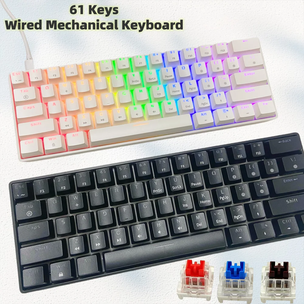 61 مفتاحًا لوحة مفاتيح ميكانيكية سلكية للألعاب مختلطة بني فاتح أزرق أحمر عمود لوحة مفاتيح ميكانيكية أحرف محفورة شفافة #3