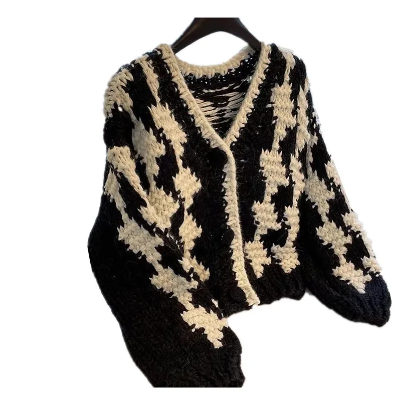 

Женский вязаный кардиган, свитер, осень-зима, свободные модные жаккардовые трикотажные топы с v-образным вырезом и длинными рукавами, женские T1018