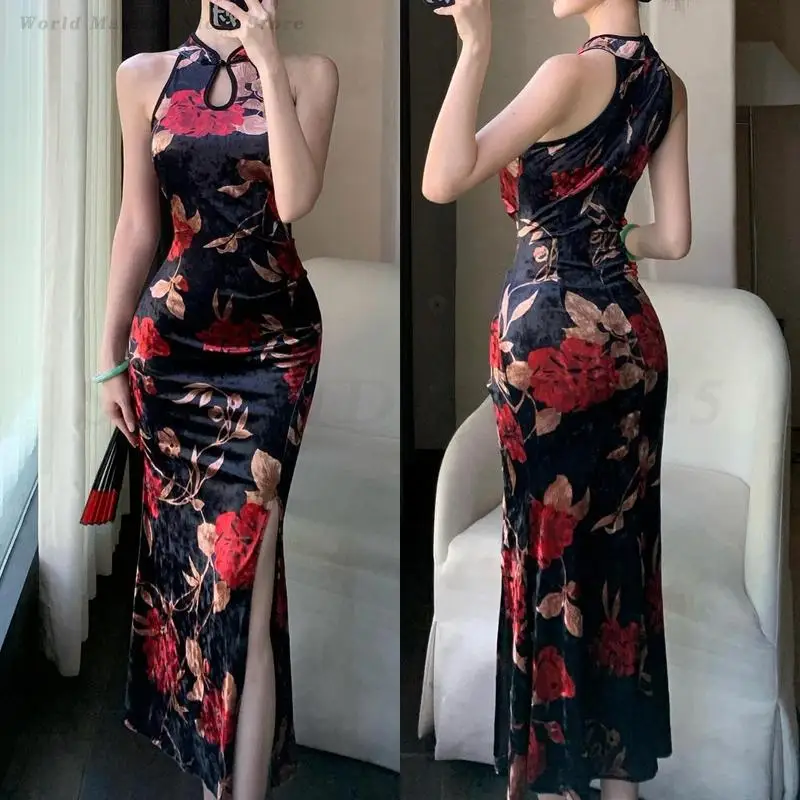 Sexy Off Shoulder Cheongsam New Velvet Long Dress Female Chinese Style Vestidos Retro Printed Flower Qipao Evening Party Gown