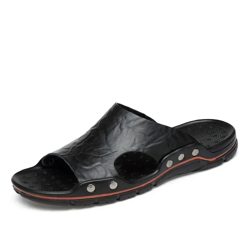 YRZL Herren-Sandalen, PU-Leder, klassische Sommer-Herren-Hausschuhe, weiche schwarze Hausschuhe, große Hausschuhe, leichte EVA-Slides für Herren – Detail 2