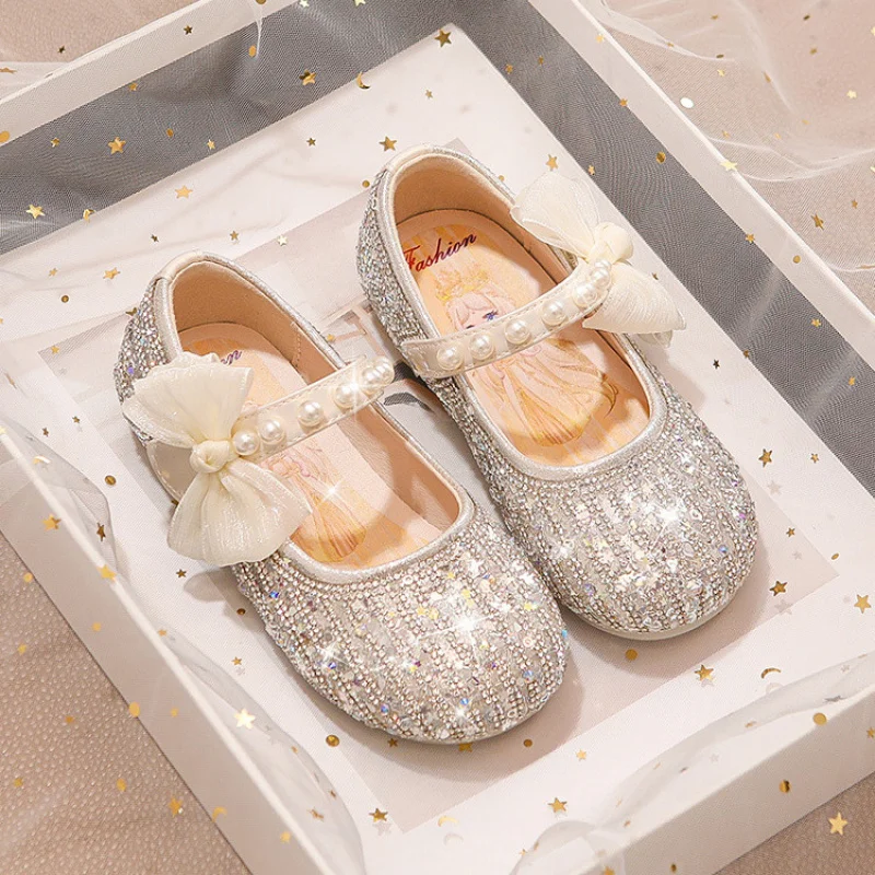 2025Girls Spring and Autumn New Princess Bowknot Pearl Sequins Soft Bottom Crystal Shoes