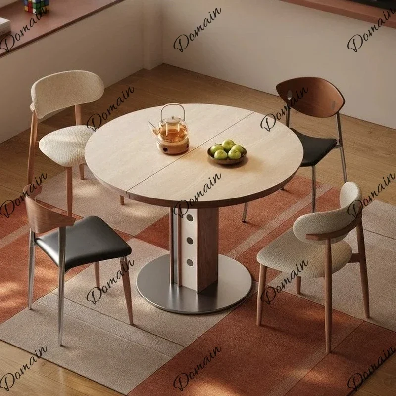 XX Home Modern Luxury Solid Wood Retractable Folding Dining Table Household Travertine Rock Slab Round Tables With 4 Chairs Plia