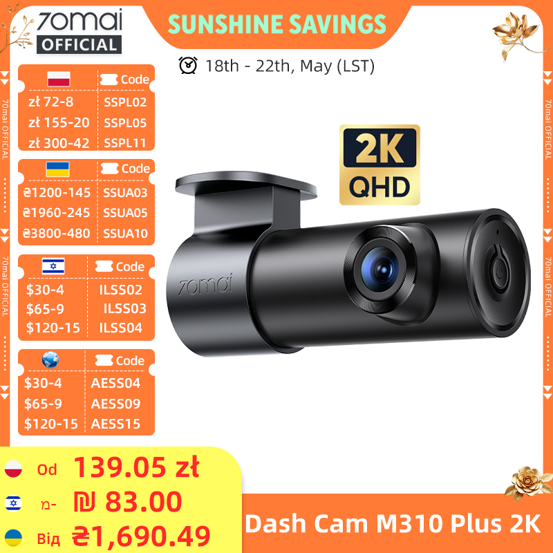  70mai Dash Cam M310 Plus 2K 1440P 143°FOV F1.55 Smart Voice Control 24H Parking Guard Night Vision 70mai M310 Plus 2K Car DVR 
