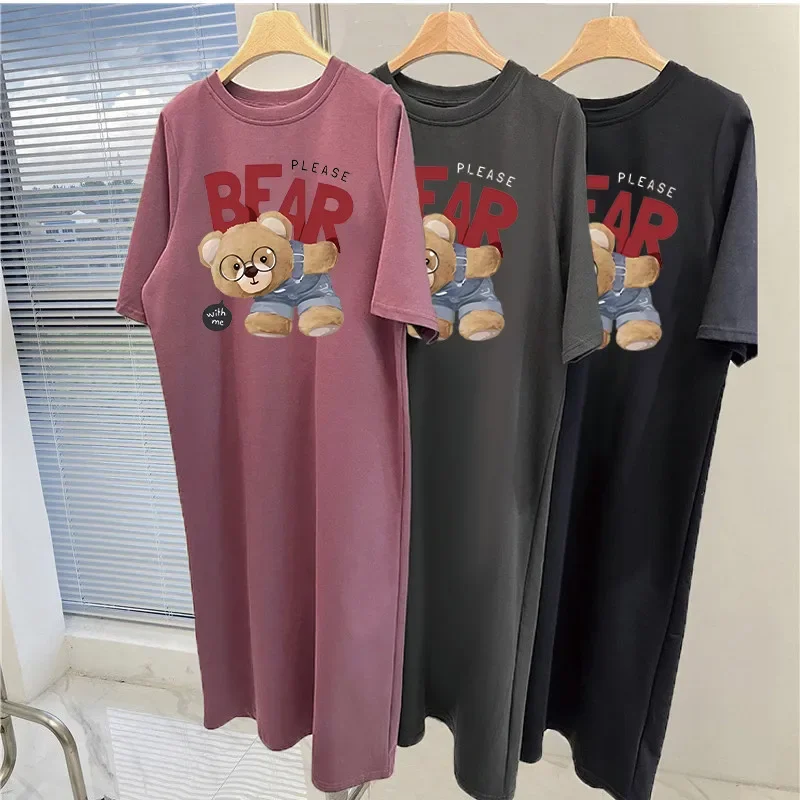 

Cartoon Bear Print Short Sleeve Summer and Autumn New Loose Round Neck Pregnant Woman Comfortable Dress Large Size