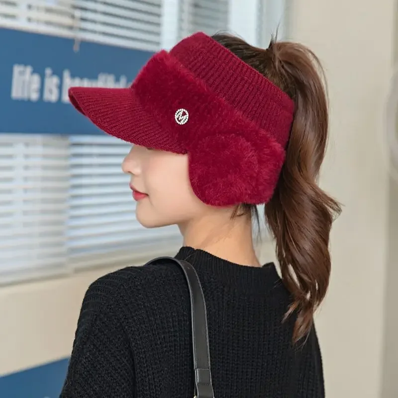 Autumn Winter Fashion Hats for Women Winter Warm Knitted Fleece Hat Ladies with Earflaps Hats Empty Top Baseball Cap for Female