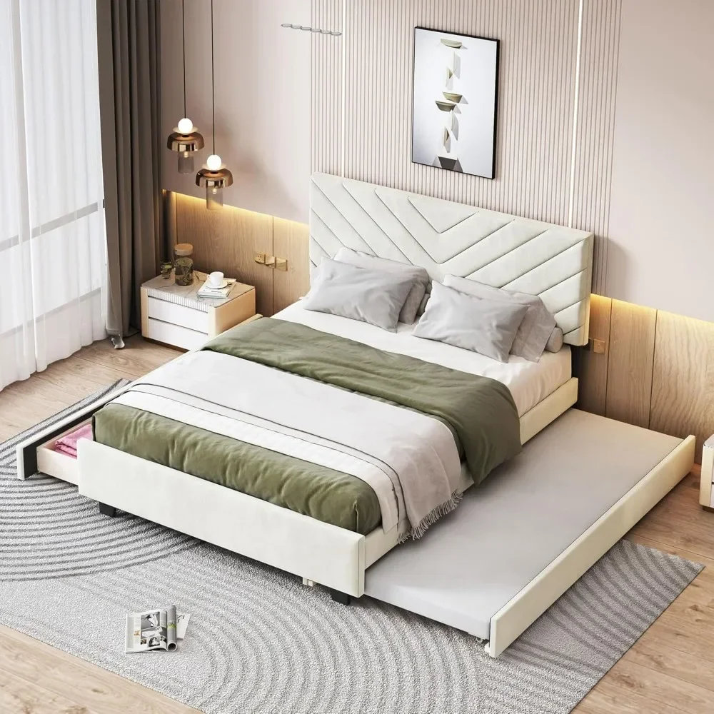 Upholstered Platform Bed Two, Flannel, Queen Size+Twill Headboard+Pullout Drawers, Beige