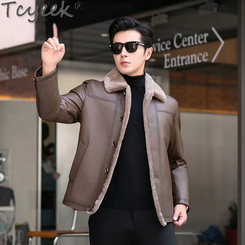 Tcyeek Genuine Leather Jacket Men Lapel Real Cowhide Coat for Man Clothing Thickened Warm Wool Jackets Winter Clothes Streetwear