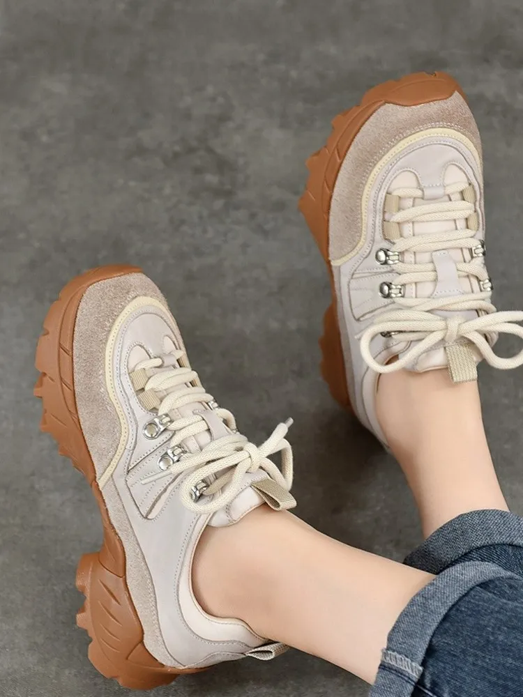 2025 New Ladies Retro Hiking Outdoor Shoes Lace Up Shoes Genuine Leather Thick Platform Antiskid Camping Sport Sneakers Trekking