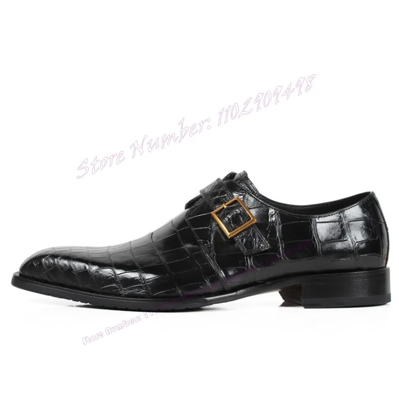 Black Crocodile Skin Strappy Men's Loafers Chunky Heels Luxury Dress Shoes for Men Party Business Shoes Zapatos Para Hombres