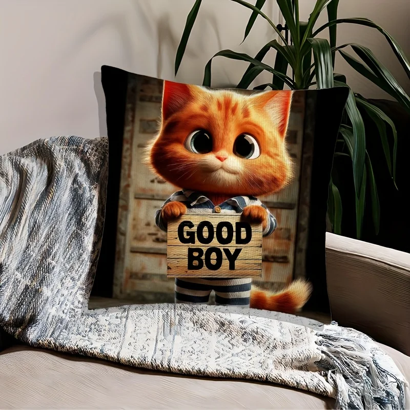 Cute Orange Kitten Pillow Case Adorable Cat Holding Sign Cushion Cover Fun Pet Lover Home Decor for Sofa Bedroom Living RoomKids