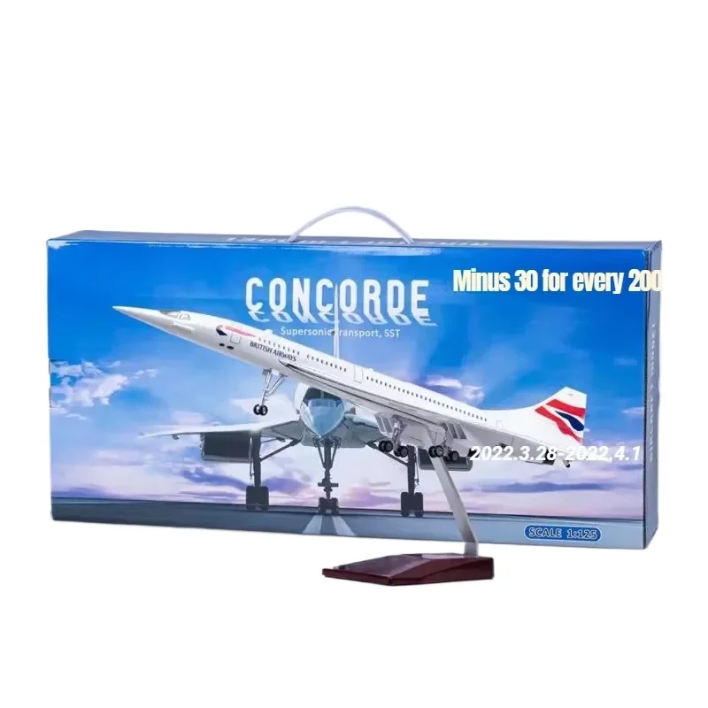 50CM 1:125 Scale British Concorde Resin Diecast With Light and Wheels Airways Display Antistress Airplane Airbus Toy Children