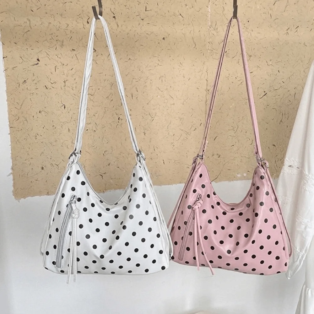 Fashion PU Leather Polka Dot Shoulder Bag Lightweight Large Capacity Tote Bag Backpack Underarm Bag Bucket Handbag Outdoor Use