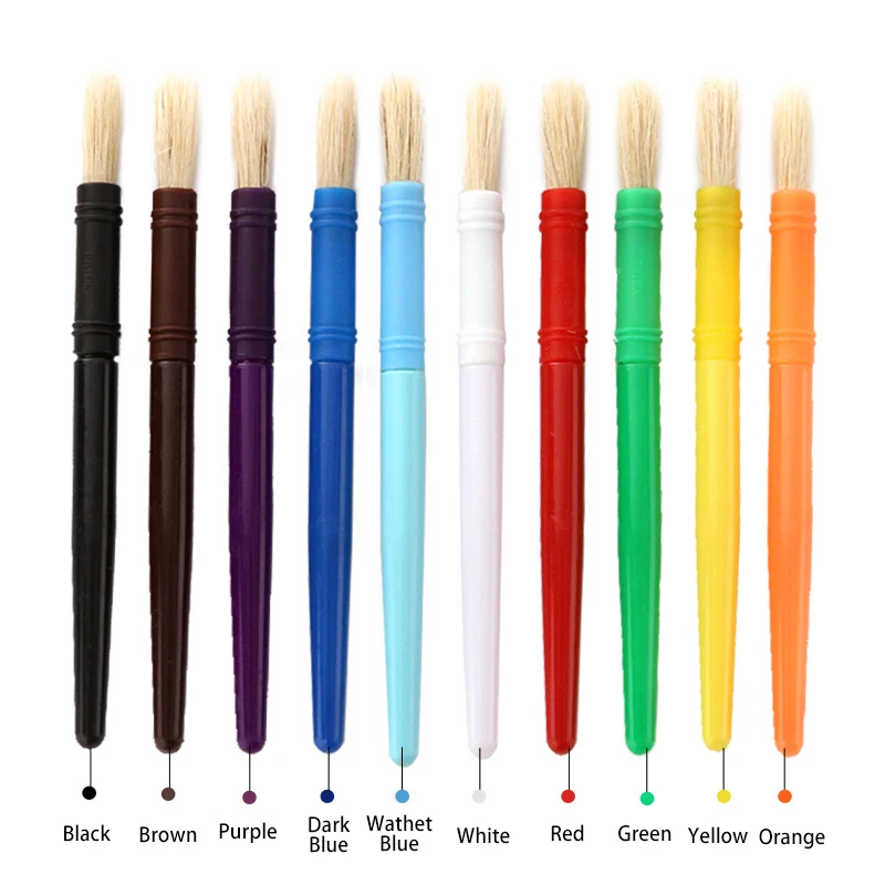 10pcs Round Children Hog Bristle Tempera Paint Brush Set Fun Kids Party School Student Class Craft Painting for Beginner Artist