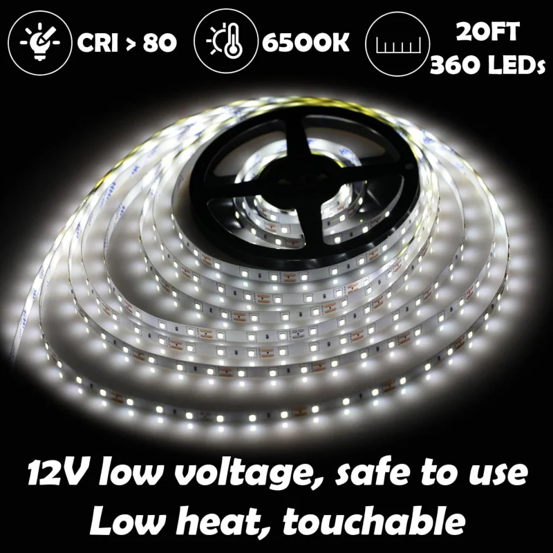 طقم شريط إضاءة LED أبيض بطول 20 قدم، 6500 كلفن، 360 شرائط مرنة قابلة للقص لغرفة النوم والمطبخ تحت كابي