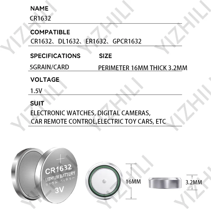 CR1632 Button Battery Lithium Coin Cell Batteries 3V LM1632 BR1632 ECR1632 CR 1632 Electronic Watch Toy Remote