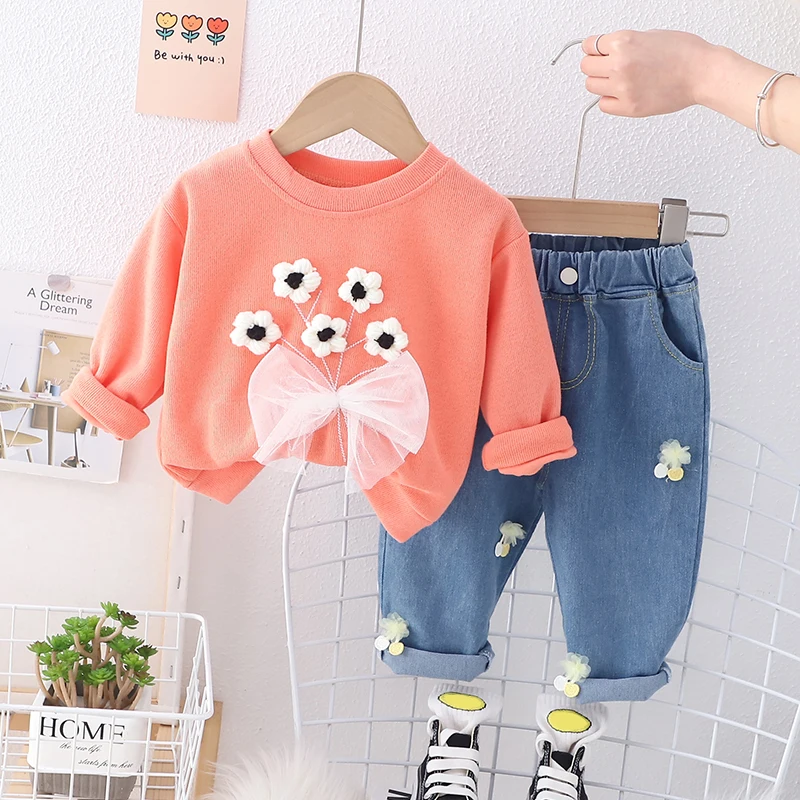 Baby Girls Bowknot T Shirt Floral Jeans Kids Clothing Sets Infant Clothes Outfits Spring Children Sportswear Princess Costume