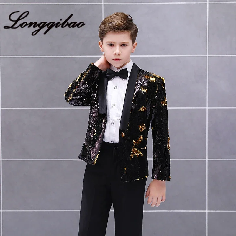 Baby boy set children\'s piano costumes studio model catwalk host fashion sequined suit jacket + pants + shirt + bow tie 4 sets