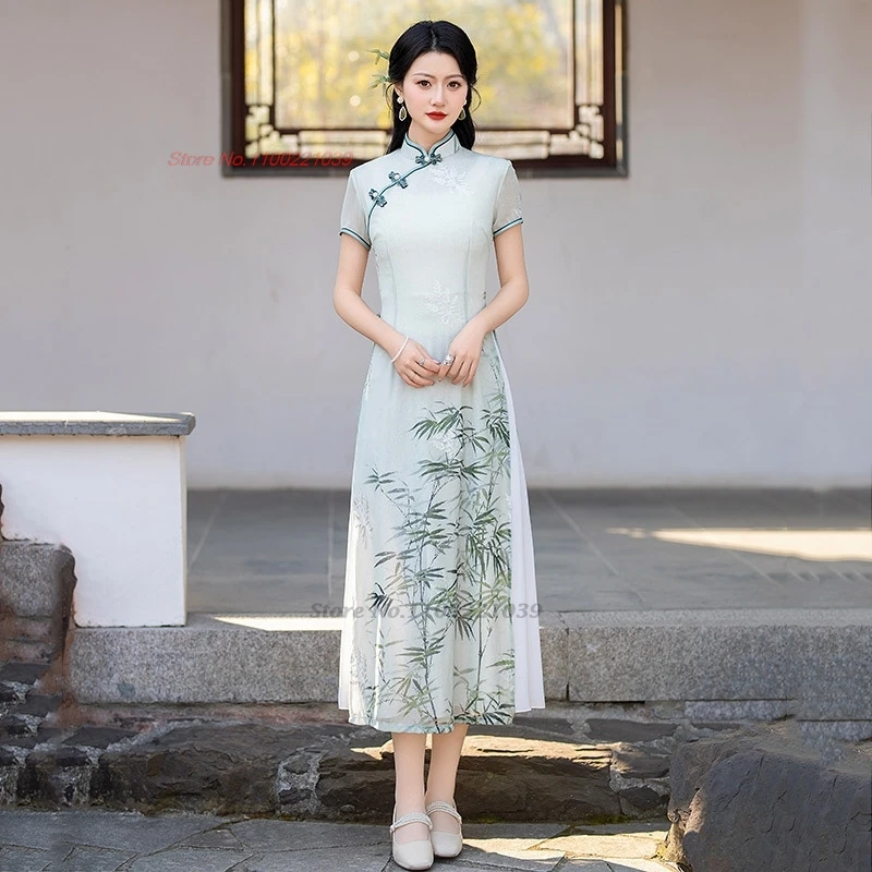 2025 ao dai vietnam traditional dress chinese a-line dress improved cheongsam national bamboo print banquet evening dress qipao