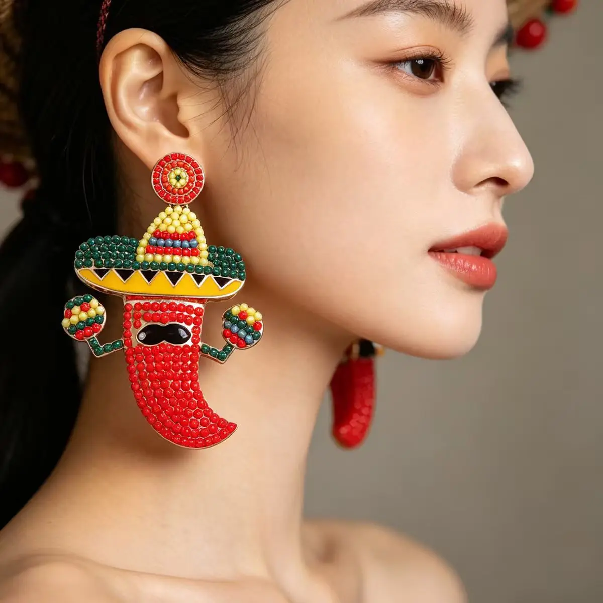 Cute cartoon design sense alloy colored rice beads pepper earrings personalized niche women's earrings