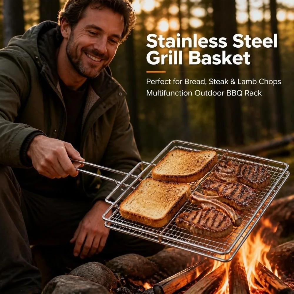 Stainless Steel Outdoor Toast Toaster Rack Foldable Handheld Toast Bread Grill Rack Rectangular Oven Grill Meat Skewers