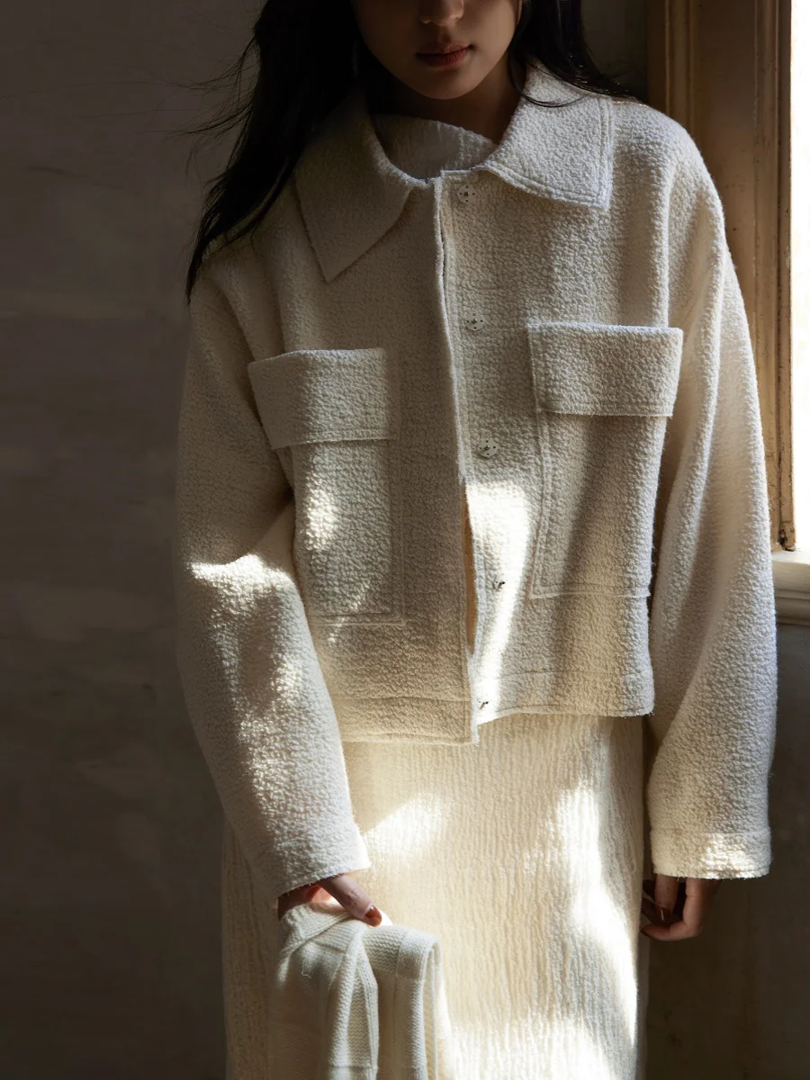 

Lace Wool Cotton Double Layer Embroidered Sinkage Tweed Moss Pattern Milk White Outerwear Women's Winter Faion