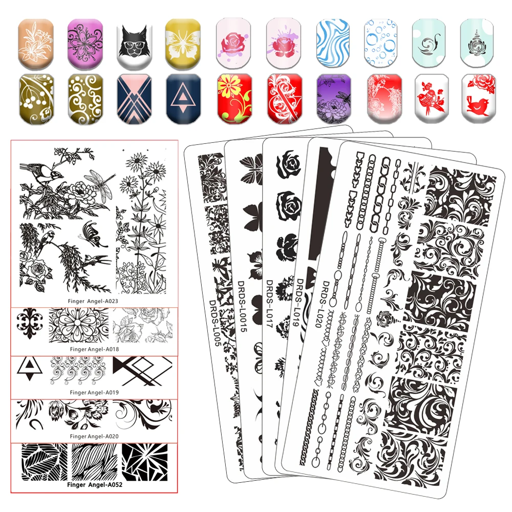 New Striped Line Stamping Plate Flower Butterfly Stamp Plate Marble Geometric Nail Art Stainless Steel Template Bubble Bird Lace