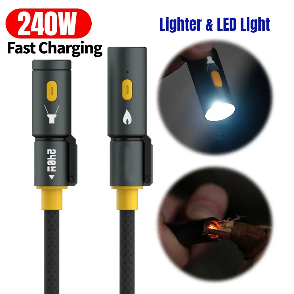 

Многофункциональный зарядный кабель USB C мощностью 240 Вт с зажигалкой и светодиодным фонариком. Плетеный кабель USB C. Шнур для быстрой зарядки телефона для кемпинга и освещения.