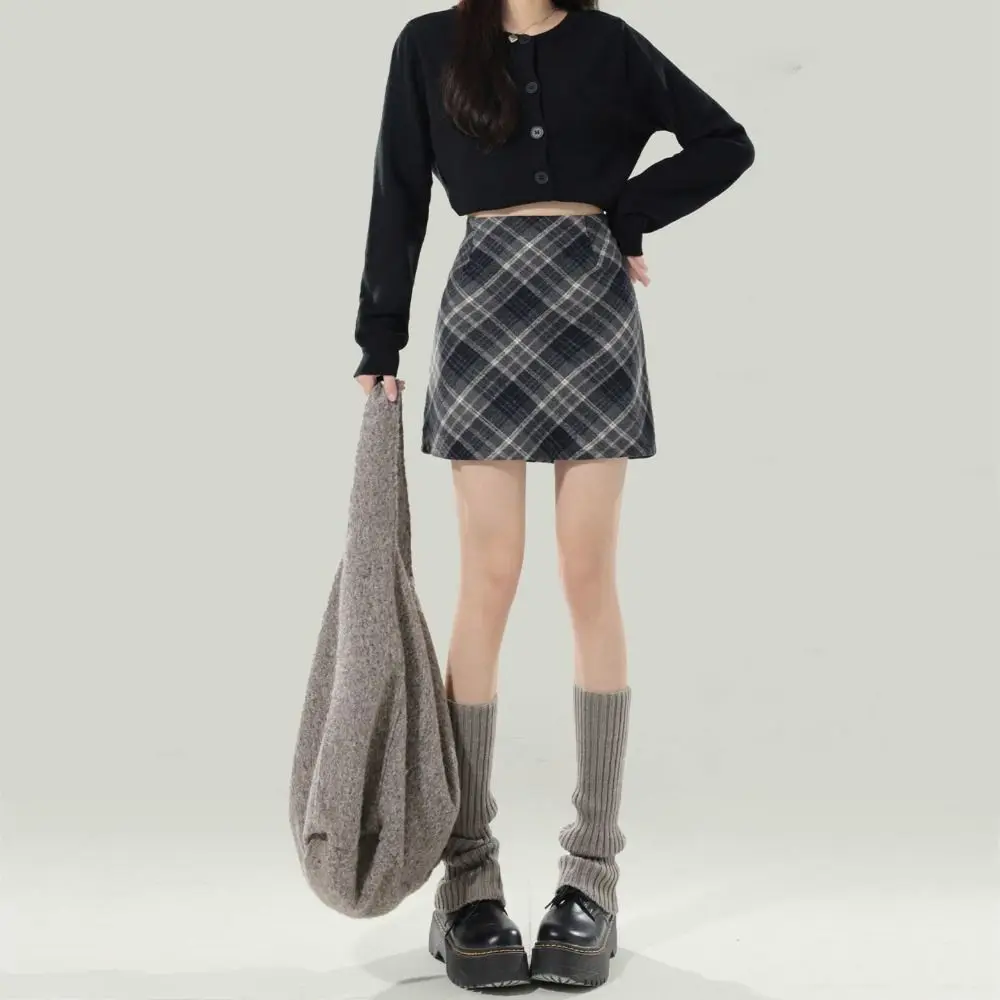 Moda cintura alta retro xadrez saia inverno outono fino ajuste cintura alta saia longa clássico estilo preppy a linha meio vestido feminino