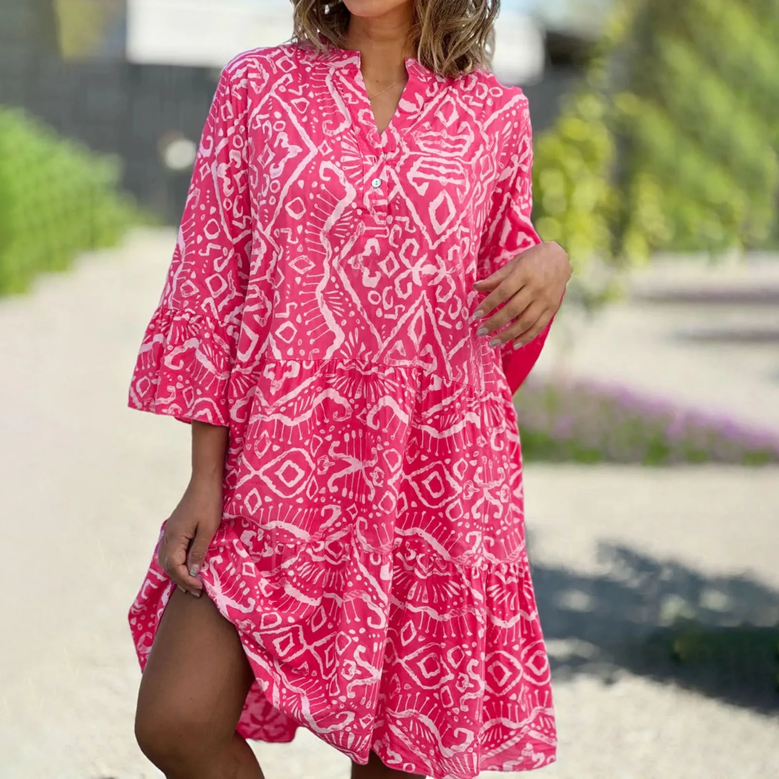 

Women's New Printed Cake Skirts Resort Style V-neck Horn Sleeve Patchwork A-line Dress Bohemian Plus Size Loose Midi Dresses