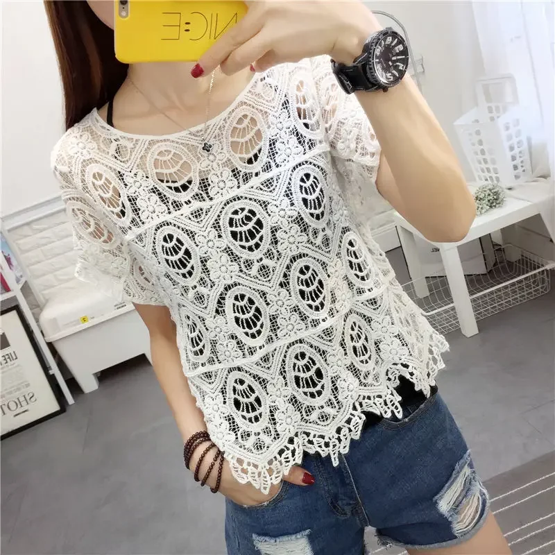 Summer New Crocheted Hollow Lace Shirt Women\'s Loose Short Short Sleeve T-shirt Top Bottoming Shirt Women\'s