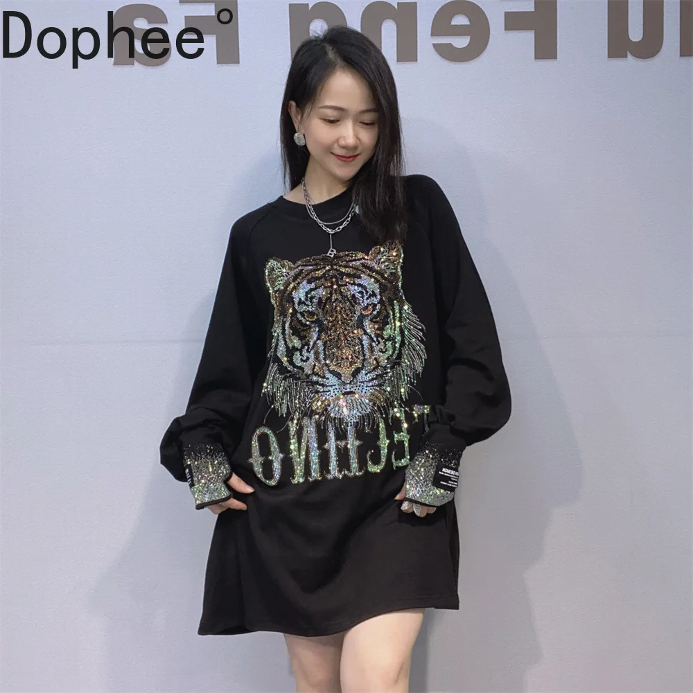 

Domineering Tiger Hot Drilling Long Sleeve T-shirt New Autumn Winter Oversize Women Bottoming Tees Mid-long Casual Pullover Top