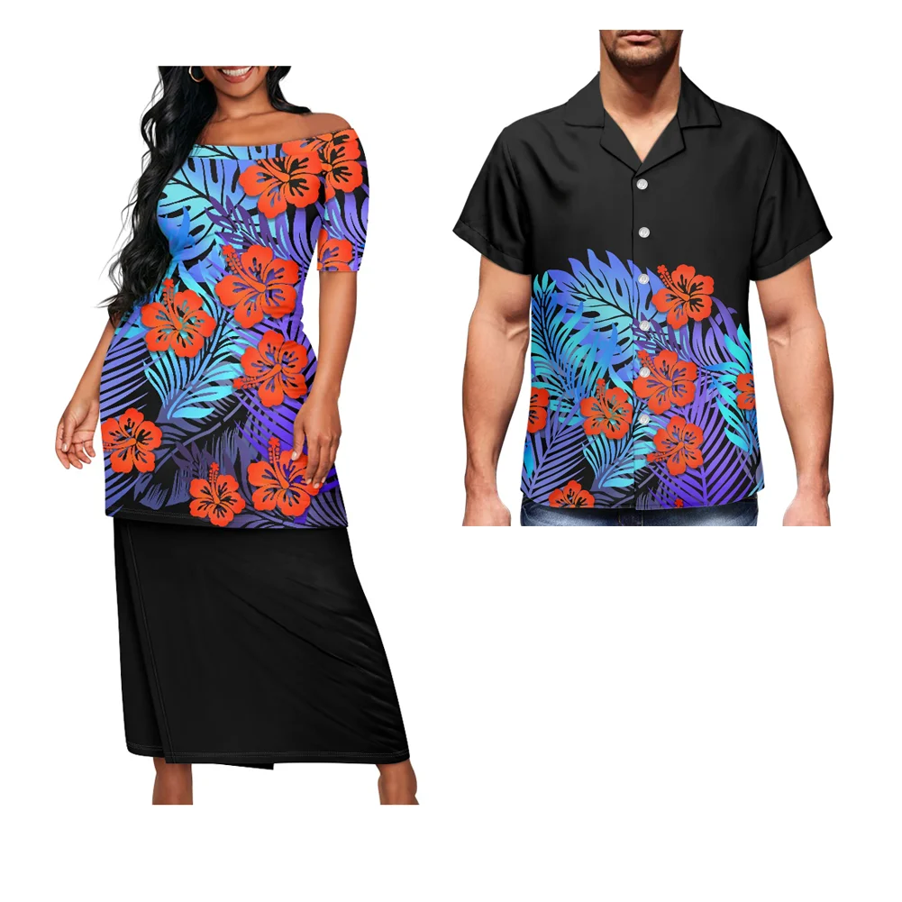 Elegant Off Shoulder Evening Party Dresses With Aloha Shirt Women Clothing Polynesian Tribal Puletasi Samoa Set Couple Match